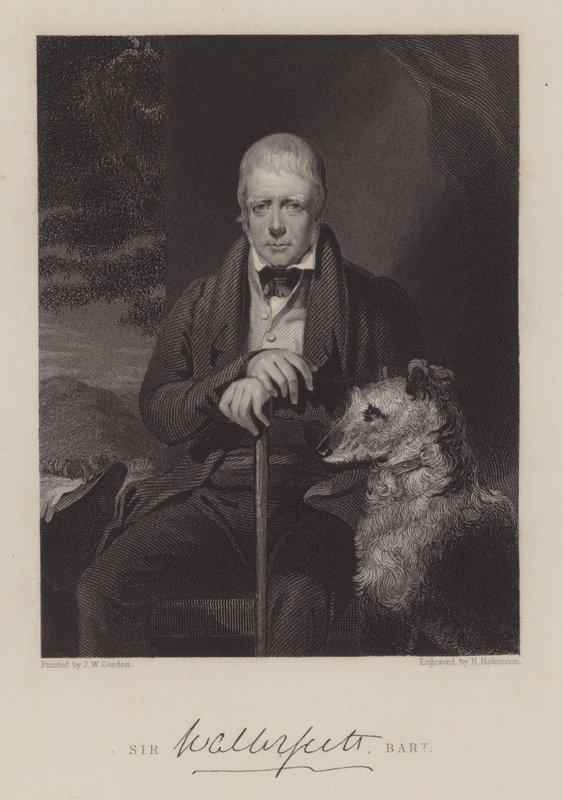 Portræt af Sir Walter Scott, med hund (gravering) af English School