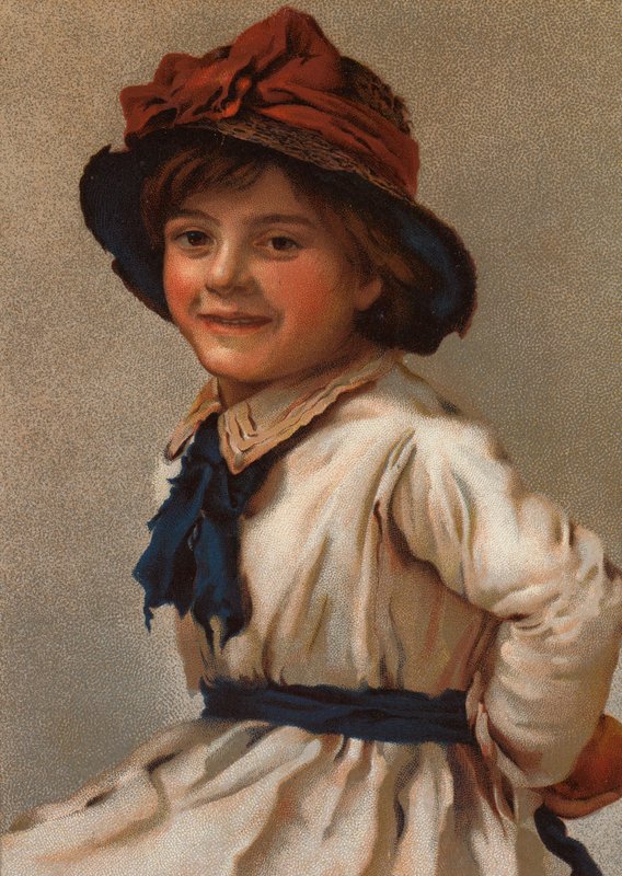 Portræt af en ung pige iført hat (chromolitho) af English School