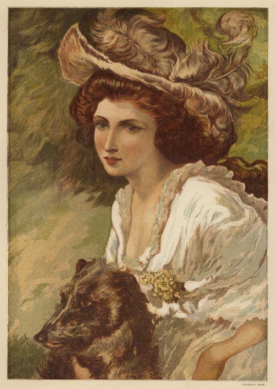 Portræt af en ung kvinde med en hund (farve litho) af English School