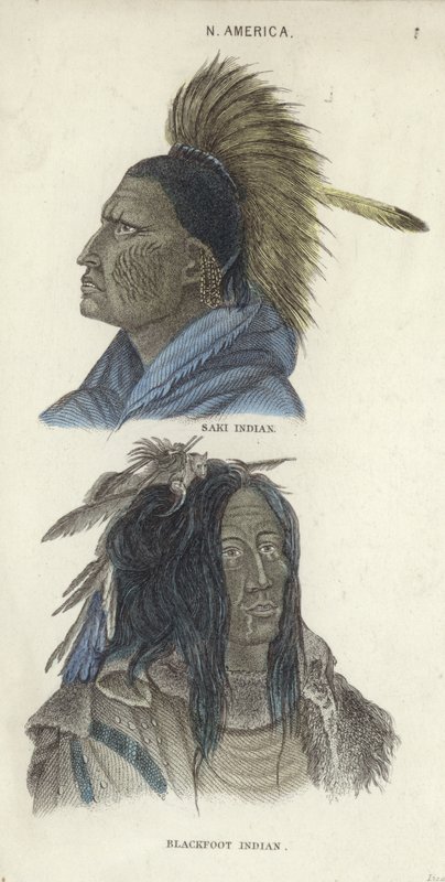 Portrætter af en Saki-indianer og en Blackfoot-indianer (farvegravering) af English School