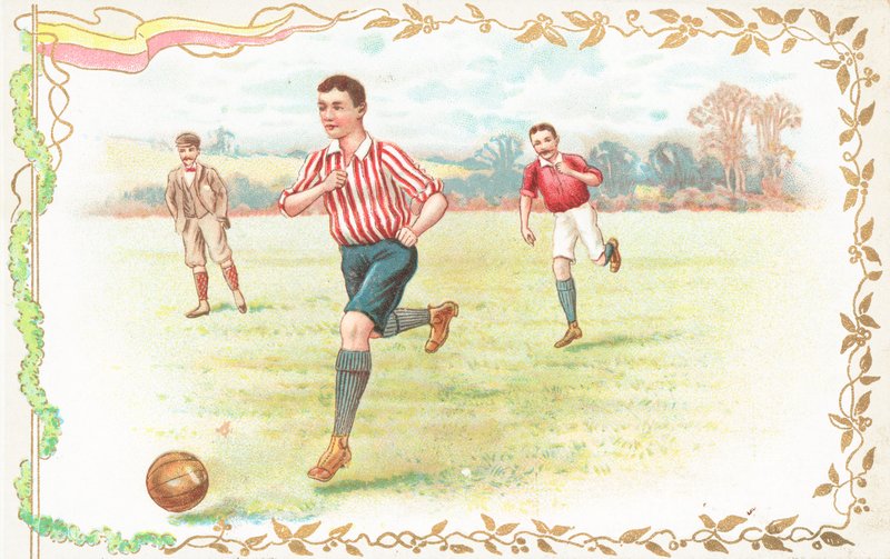Postkort med mænd, der spiller fodbold af English School