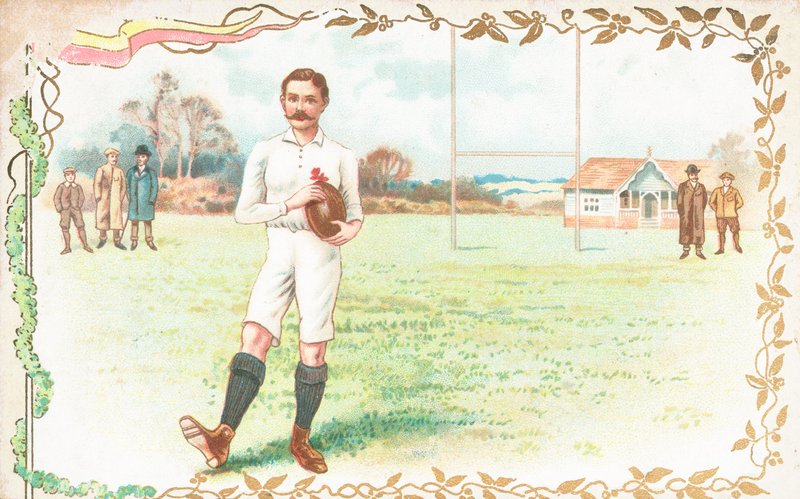 Postkort med mænd, der spiller rugby af English School