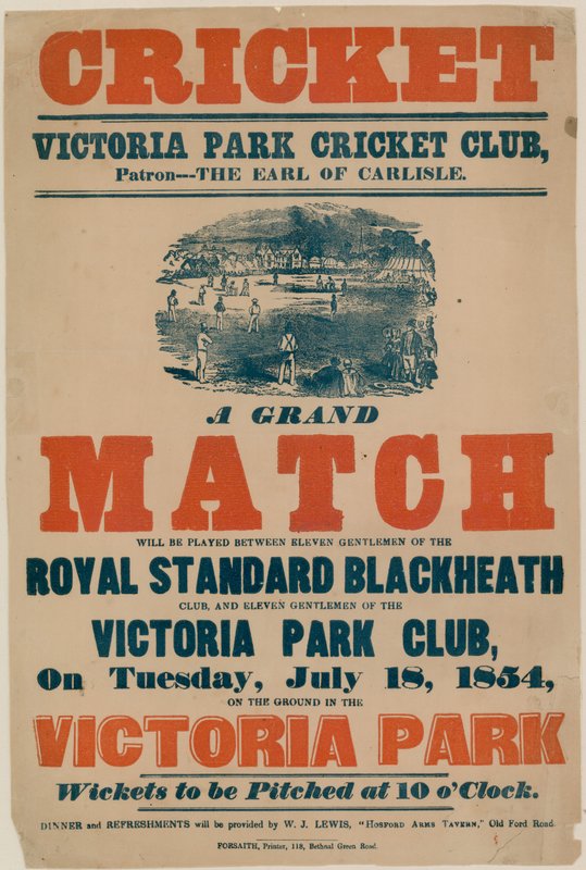 Plakat, der reklamerer for en cricketkamp i Victoria Park Cricket Club den 18. juli 1854 af English School