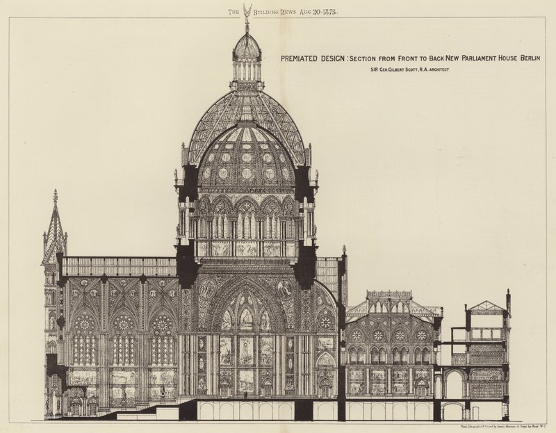 Præmieret design, snit fra forside til bagside New Parliament House Berlin (gravering) af English School