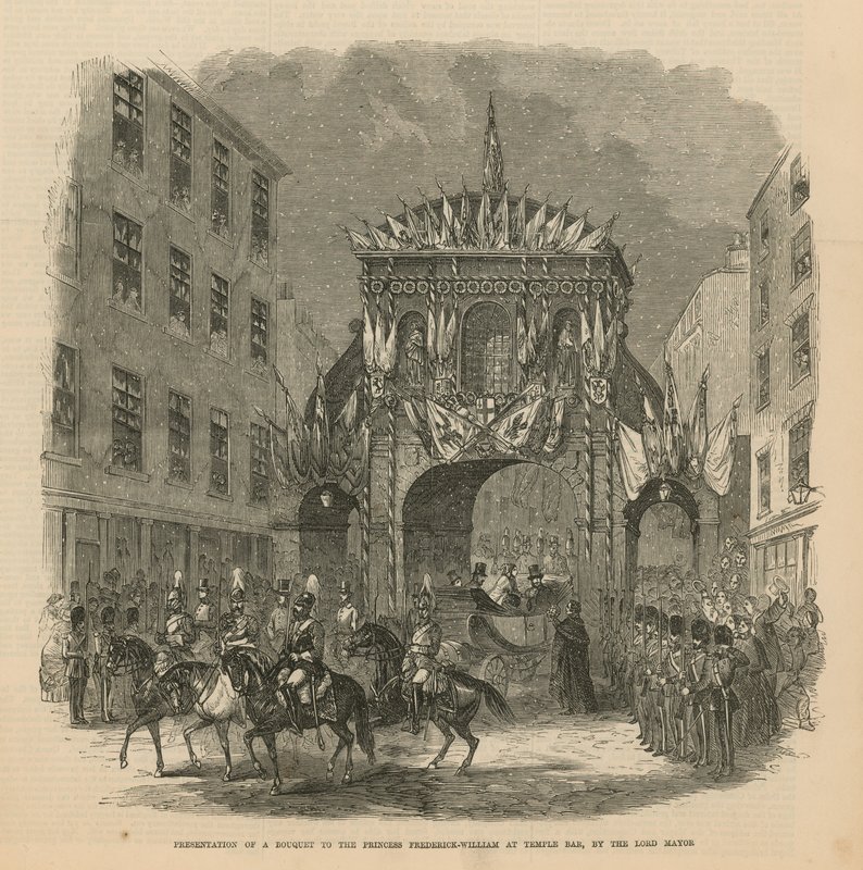 Præsentation af en buket til prinsesse Frederick William på Temple Bar af English School