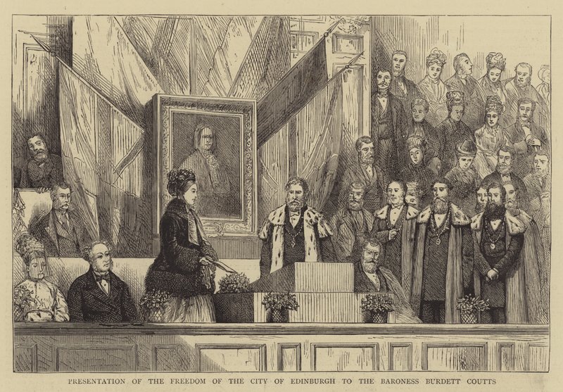 Præsentation af Edinburghs frihed for baronessen Burdett Coutts (gravering) af English School