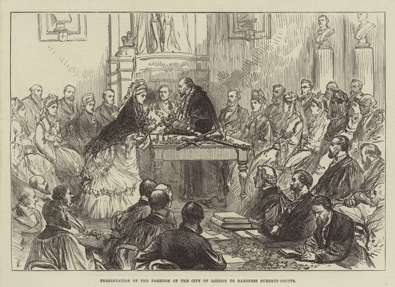 Præsentation af Freedom of the City of London til baronesse Burdett-Coutts af English School