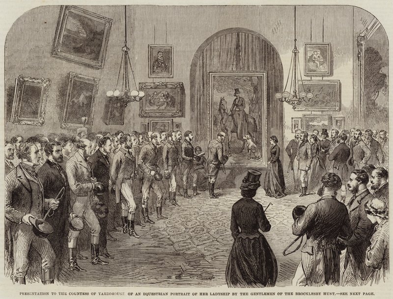 Præsentation til grevinden af Yarborough af et ridesportræt af hendes frueskab af Gentlemen of the Brocklesby Hunt af English School