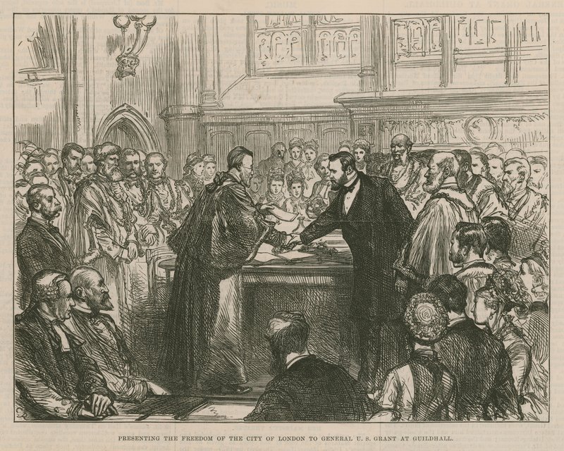 Præsenterer City of Londons frihed til General U S Grant i Guildhall af English School