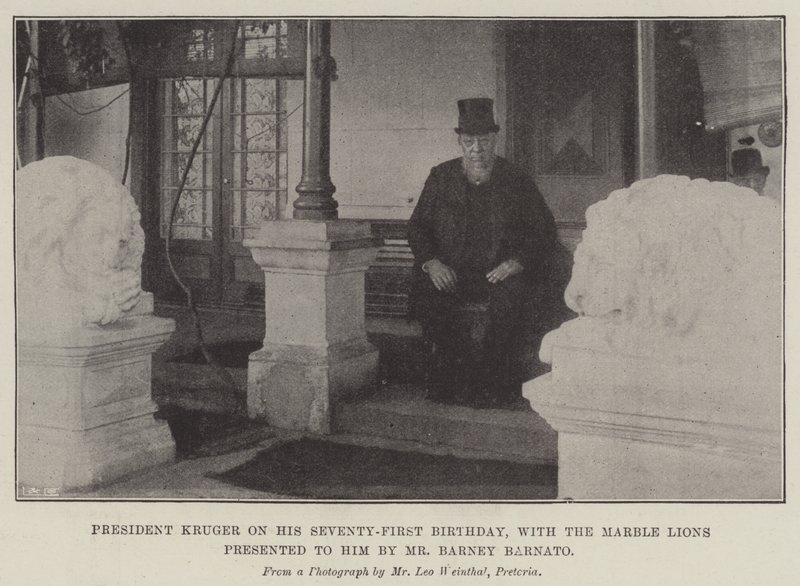 Præsident Kruger på hans enoghalvfjerds fødselsdag med marmorløverne præsenteret for ham af hr. Barney Barnato (gravering) af English School