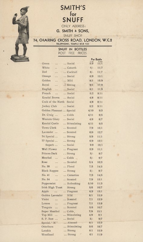 Prisliste for G Smith & Sons, Snusbutik af English School