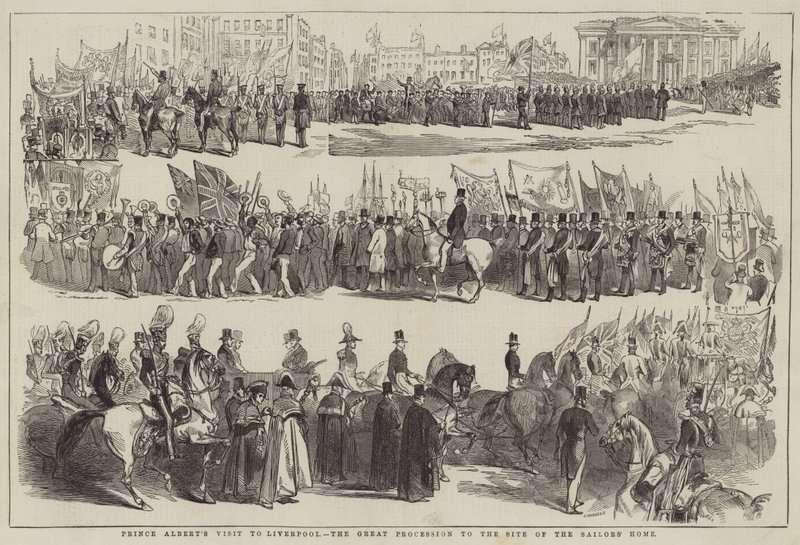 Prins Alberts besøg i Liverpool, den store procession til stedet for sømandshjemmet (gravering) af English School