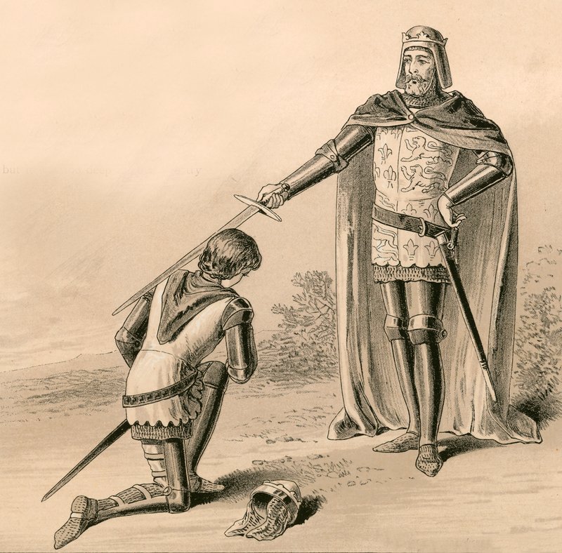 Prins Edward, den sorte prins, bliver slået til ridder af sin far, kong Edward III af English School