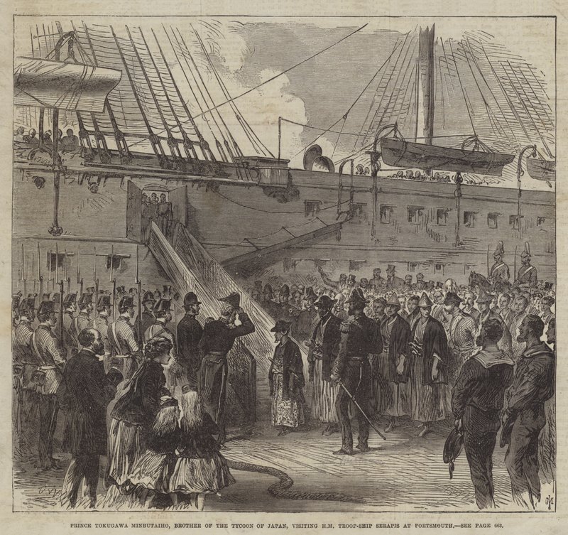 Prins Tokugawa Minbutaiho, bror til tycoonen fra Japan, besøger HM Troop-Ship Serapis i Portsmouth (gravering) af English School