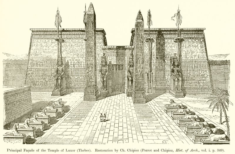 Hovedfacade af Luxor-templet (Theben). Restaurering af Ch. Chipiez (Perrot and Chipiez, Hist. of Arch., bind i. s. 349) af English School