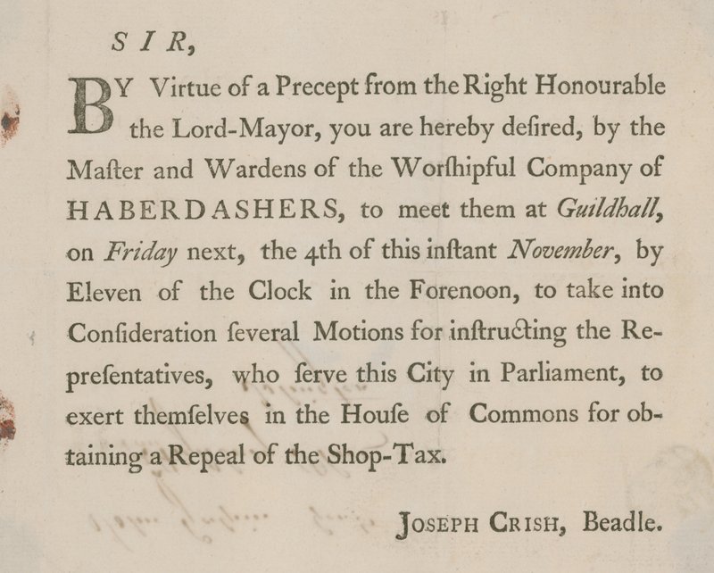 Trykt brev fra Joseph Crish, Beadle of Guildhall, London af English School