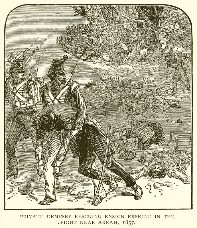 Menig Dempsey redder fenrik Erskine i kampen nær Arrah, 1857 af English School