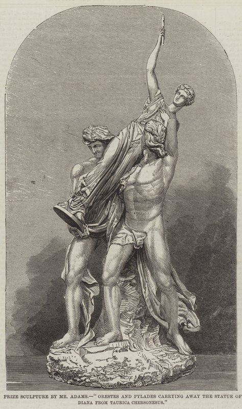 Prisskulptur af hr. Adams, "Orestes og Pylades, der bærer statuen af Diana fra Taurica Chersonesus (gravering) af English School