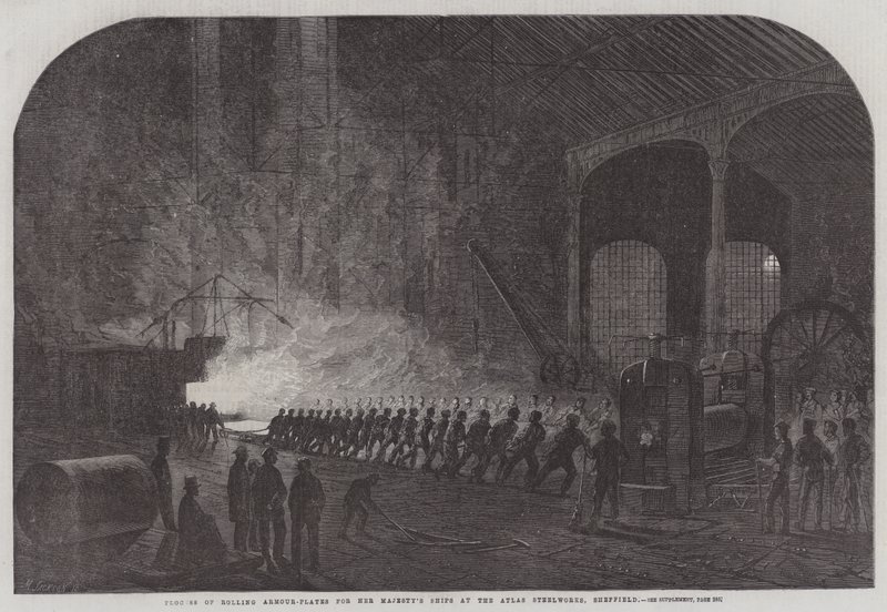 Processen med at rulle panserplader til Hendes Majestæts skibe på Atlas Steelworks, Sheffield (gravering) af English School