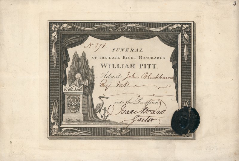 Procession adgangsbillet til William Pitts begravelse af English School