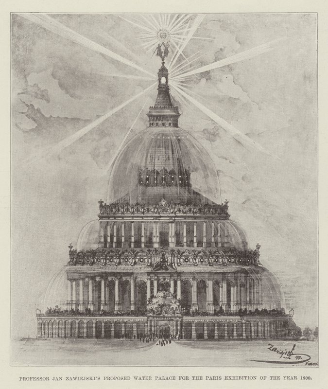 Professor Jan Zawiejskis foreslåede vandpalads til årets Paris-udstilling 1900 (litho) af English School