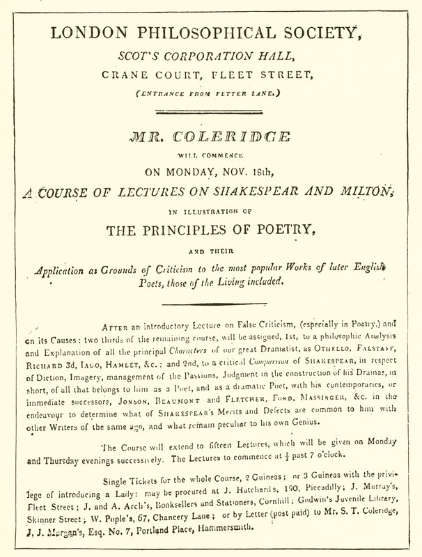 Program for Coleridges forelæsninger fra 1808 af English School