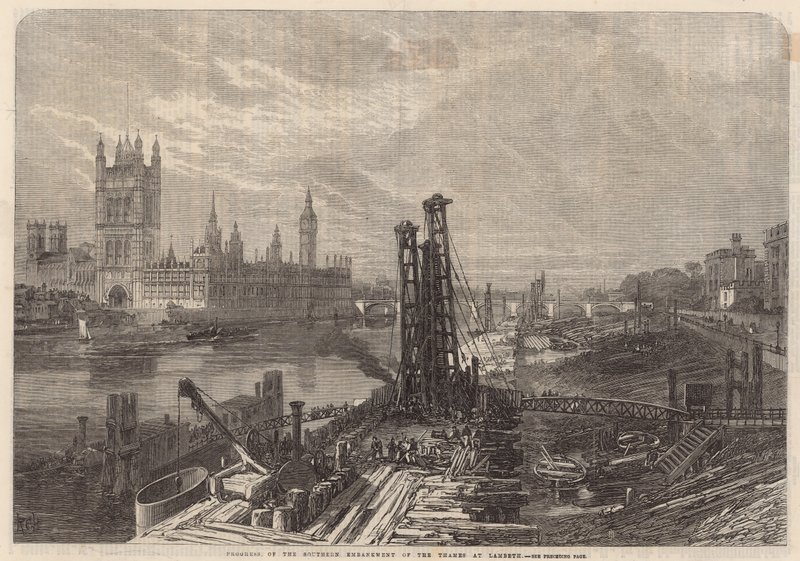 Fremskridt for den sydlige Embankment of Themsen ved Lambeth af English School
