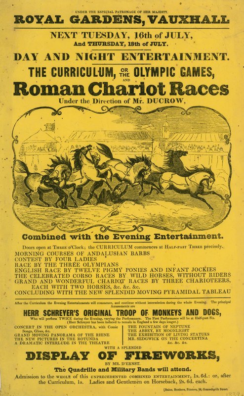 Salgsfremmende folder til The Curriculum; eller De Olympiske Lege og Roman Chariot Race i Royal Gardens, Vauxhall, London af English School