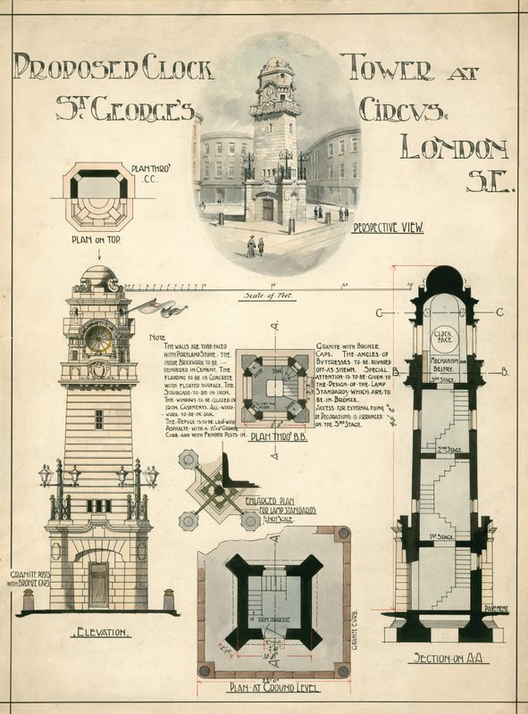 Foreslået klokketårn ved St Georges Circus, London SE (blæk på papir) af English School
