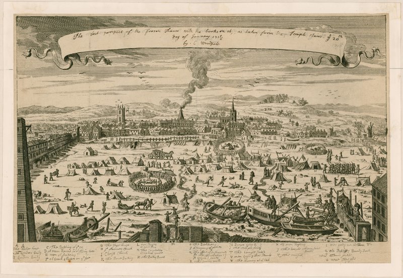 Udsigten til den frosne Thames, taget fra tempeltrappen den 20. januar 171516 af English School