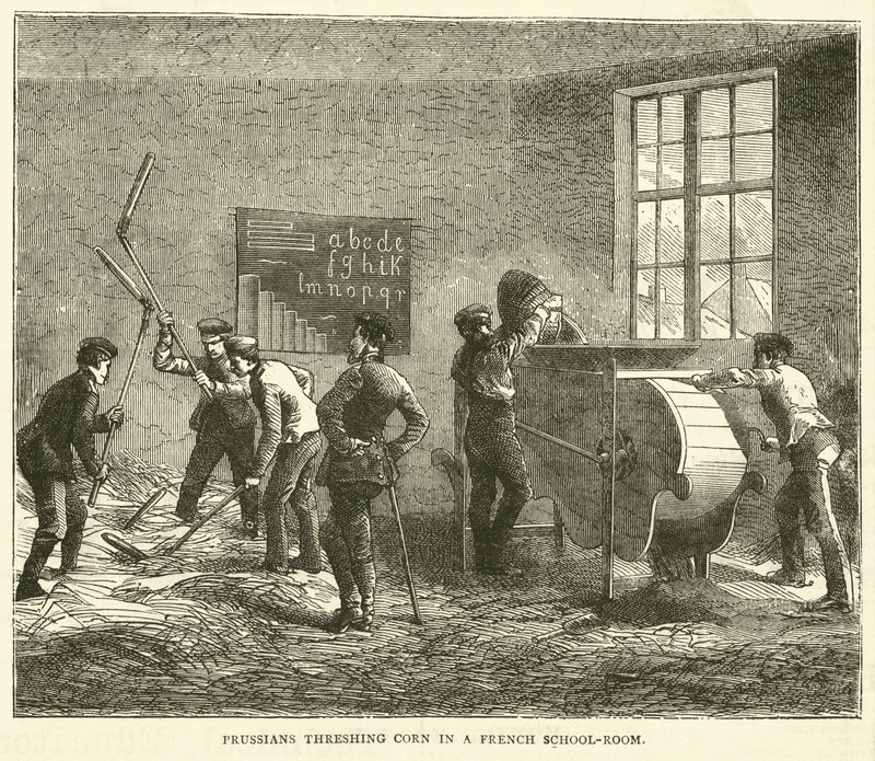 Preussere, der tærsker majs i en fransk skolestue, september 1870 af English School