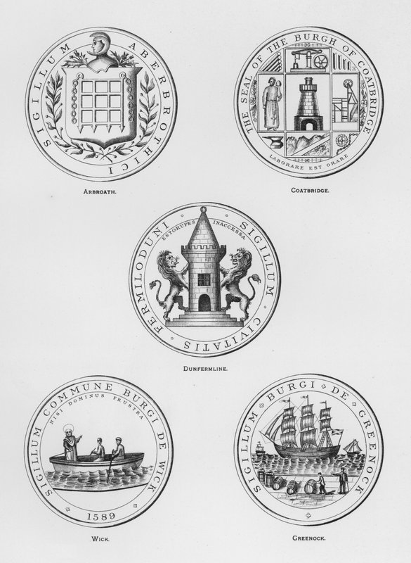 Offentlige våben: Arbroath; Coatbridge; Dunfermline; Væge; Greenock (gravering) af English School