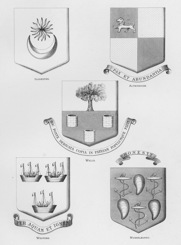 Offentlige våben: Ilchester; Altringham; Brønde; Wexford; Musselburgh (gravering) af English School