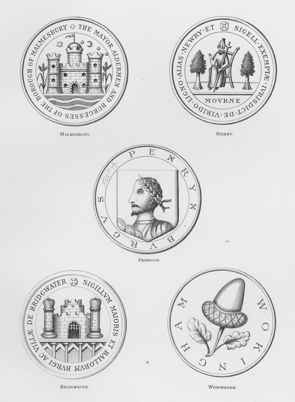 Offentlige våben: Malmesbury; Newry; Penrhyn; Bridgewater; Wokingham (gravering) af English School