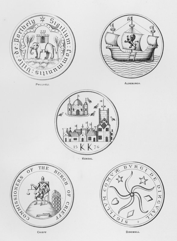 Offentlige våben: Pwllheli; Aldeburgh; Kendal; Crieff; Dingwall (gravering) af English School