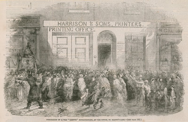 Udgivelse af en ekstraordinær krigstidende på kontoret, St Martins Lane af English School