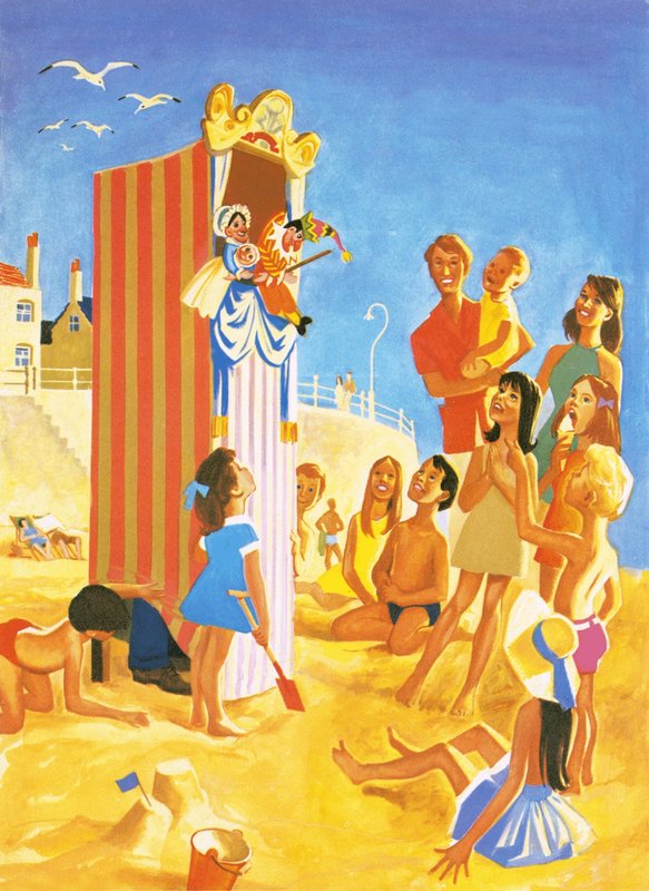 Punch og Judy viser på stranden af English School