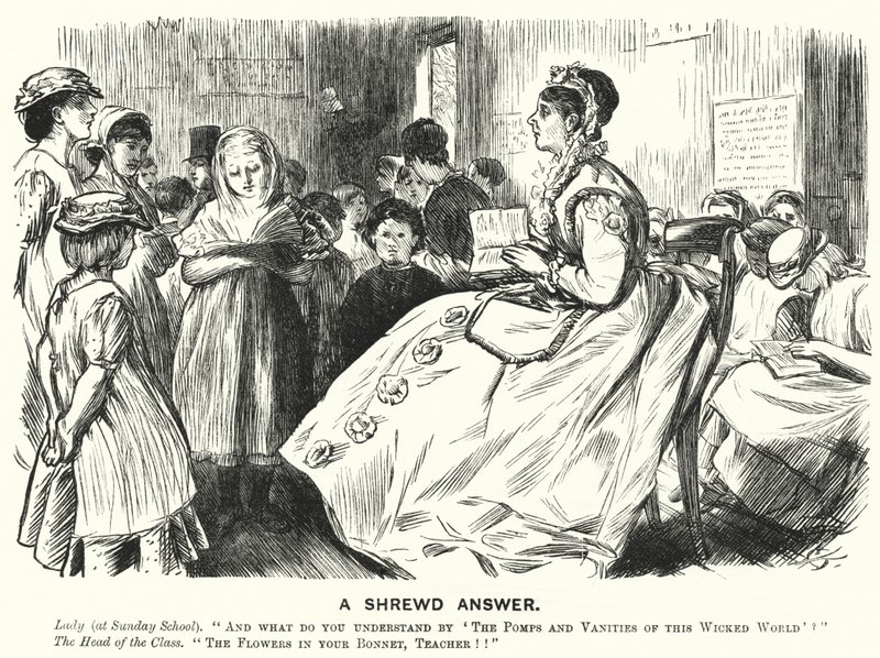 Punch tegnefilm: A Shrewd Asnwer - victoriansk søndagsskolescene (gravering) af English School