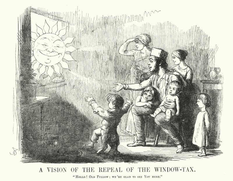 Punch tegneserie: A Vision of the Repeal of the Window Tax (gravering) af English School