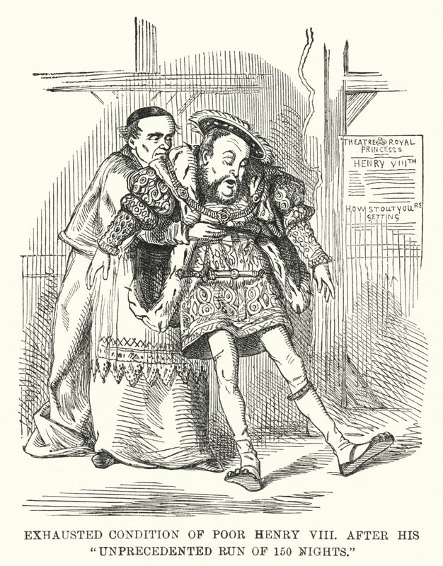 Punch tegnefilm: Udmattet tilstand af den fattige Henry VIII efter hans hidtil usete løb på 150 nætter (gravering) af English School