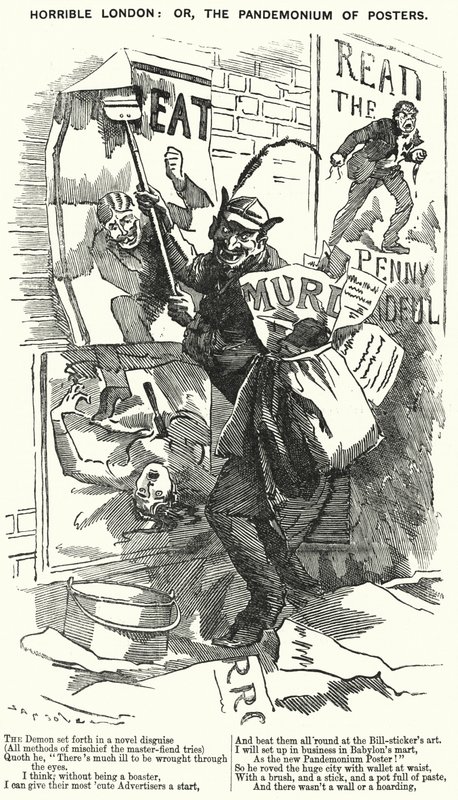 Punch tegneserie: Horrible London: eller, Pandemonium of Posters - London på tidspunktet for Jack the Ripper-mordene (gravering) af English School