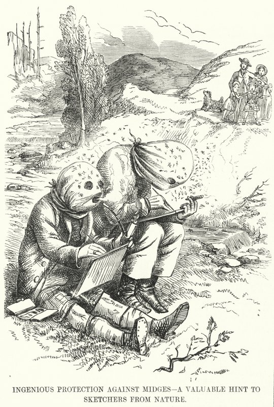 Punch tegneserie: Genial beskyttelse mod midges - et værdifuldt tip til skitsere fra naturen (gravering) af English School