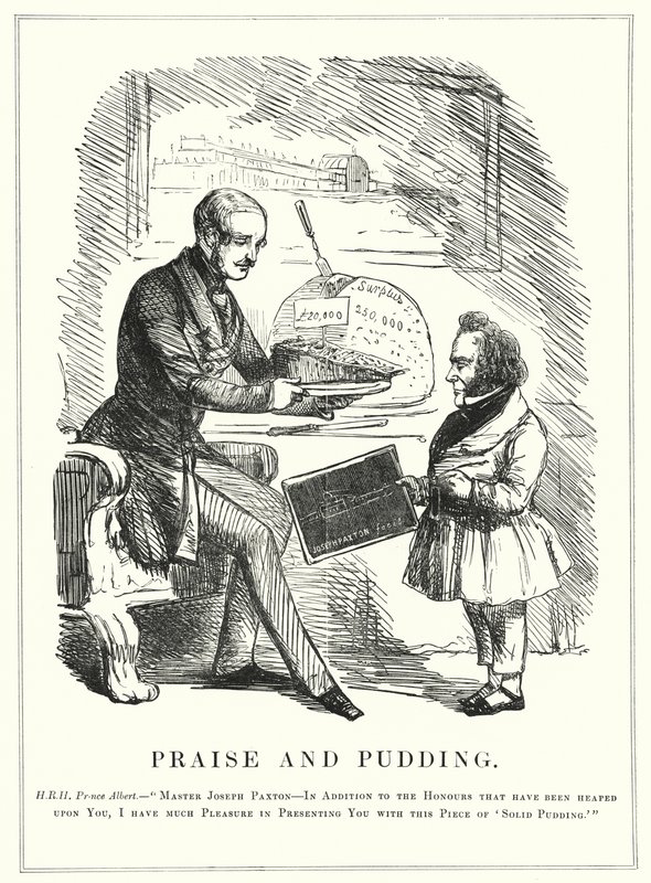 Punch tegnefilm: Praise and Pudding: Prins Albert belønner Joseph Paxton for at designe Crystal Palace til at huse den vellykkede store udstilling fra 1851 i Hyde Park, London (gravering) af English School