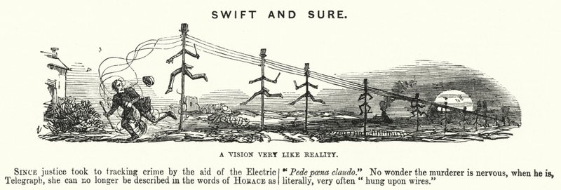 Punch tegneserie: Swift and Sure - brugen af elektrisk telegrafi til at spore kriminalitet (gravering) af English School