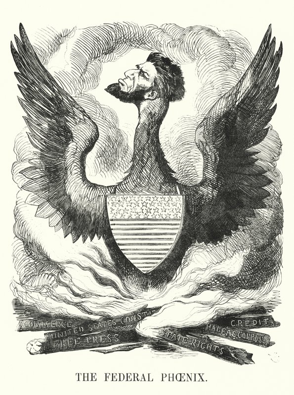 Punch tegneserie: The Federal Phoenix - Abraham Lincolns genvalg ved det amerikanske præsidentvalg i 1864 (gravering) af English School