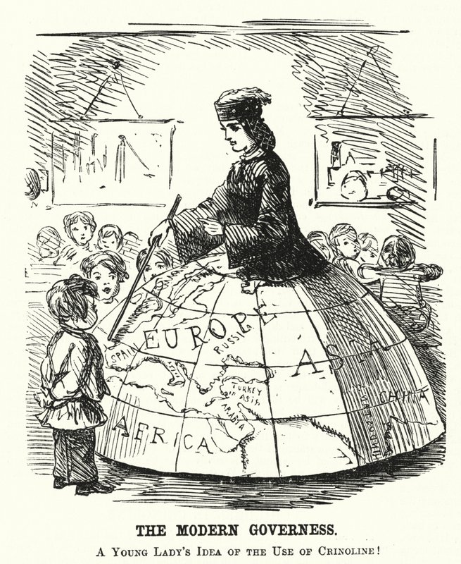 Punch tegneserie: The Modern Governess - en bred bøjleskørt, der tjener som et geografiundervisningshjælpemiddel (gravering) af English School