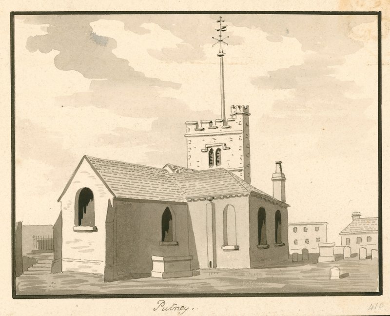 Putney Church, London (wc på papir) af English School