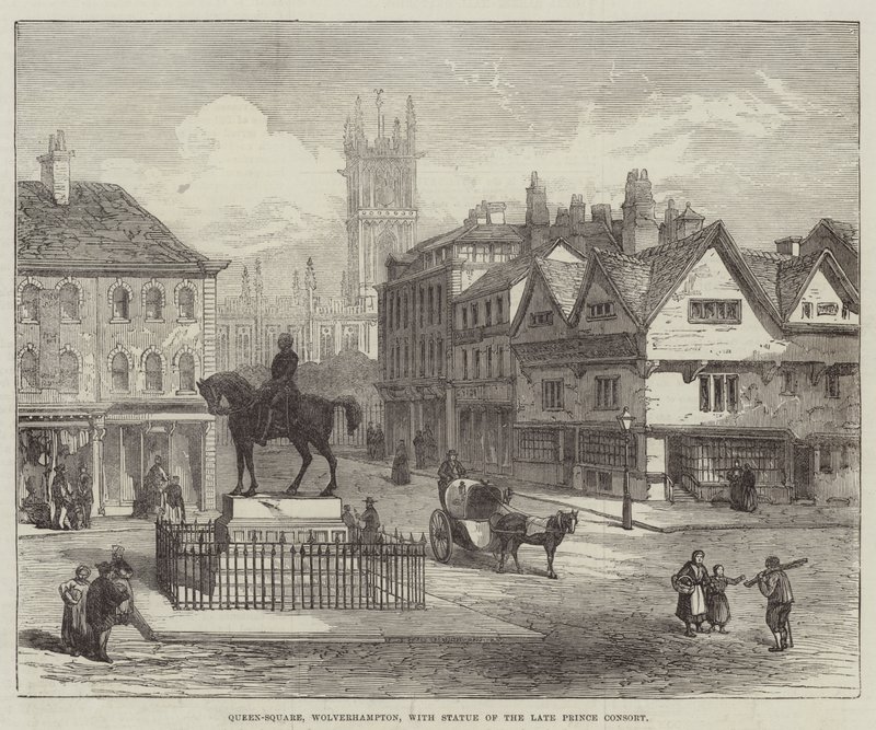 Queen-Square, Wolverhampton, med statue af den afdøde Prince Consort (gravering) af English School