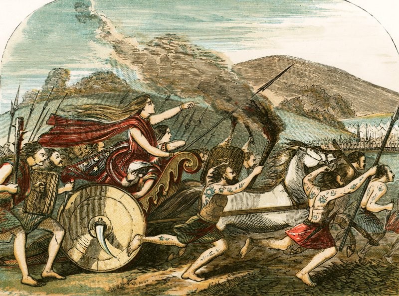 Dronning Boadicea leder briterne mod romerne af English School