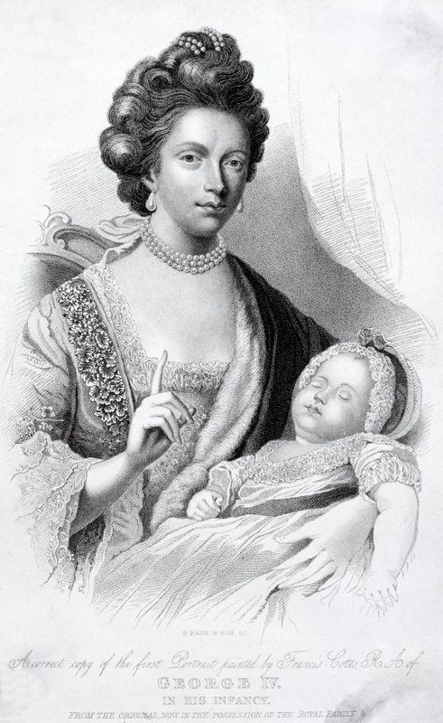 Dronning Charlotte, konsort af kong George III, med deres babysøn, den fremtidige prins Regent og King George IV af English School